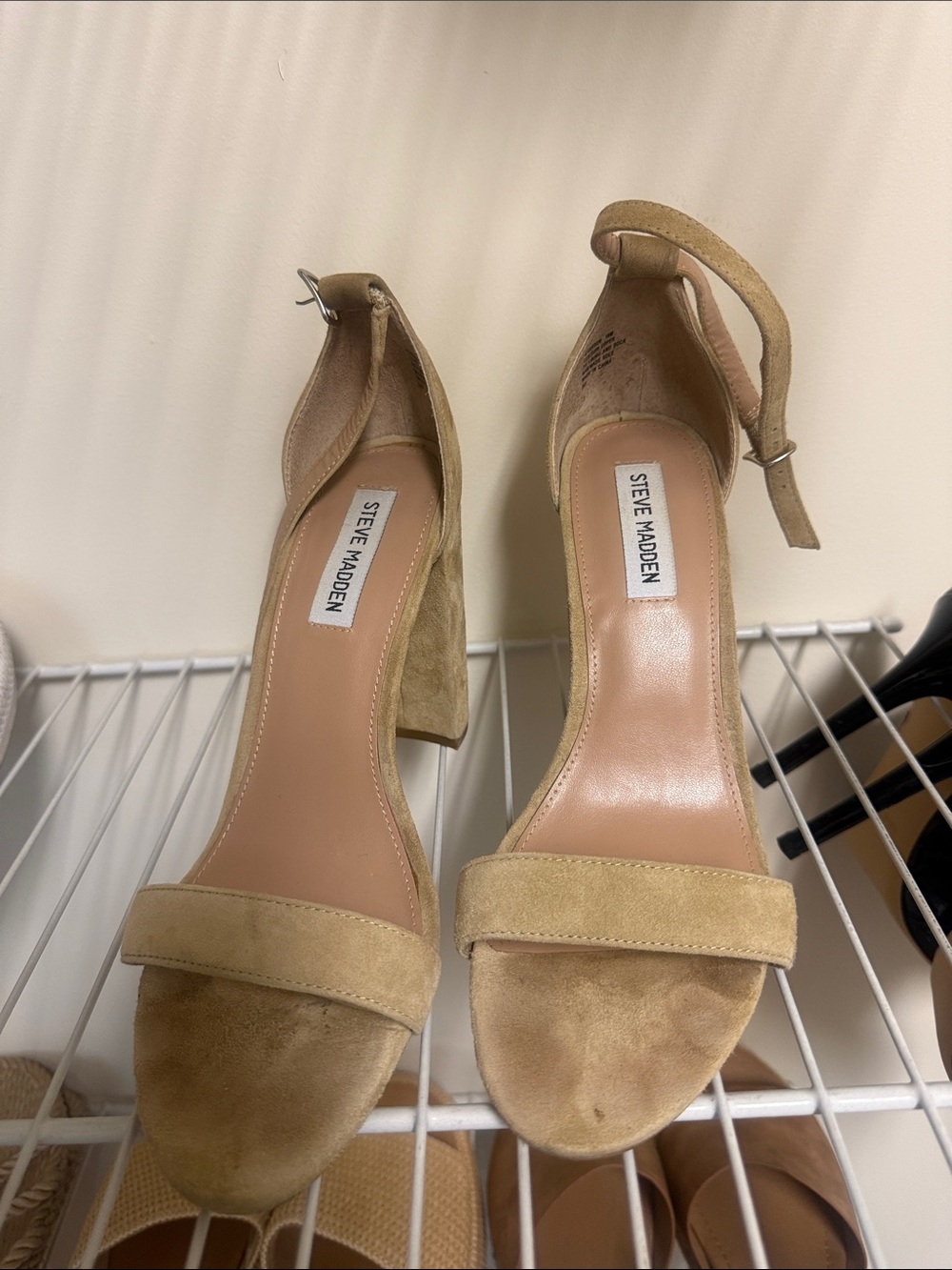 Steve Madden Suede Ankle-Strap Block Heels - Beige/Tan